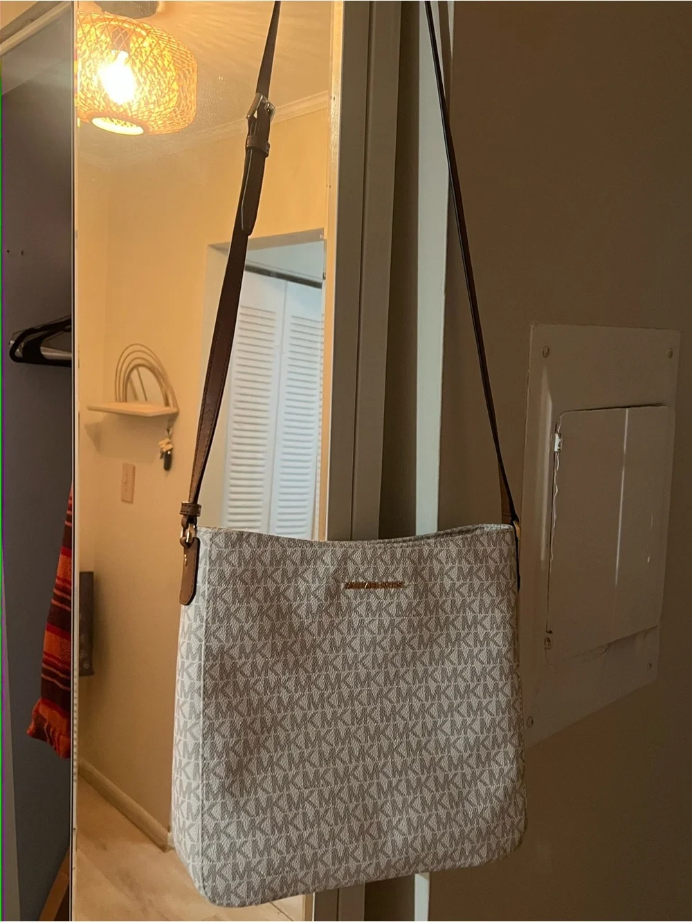 Michael Kors Cream Logo Crossbody Bag with Brown Strap